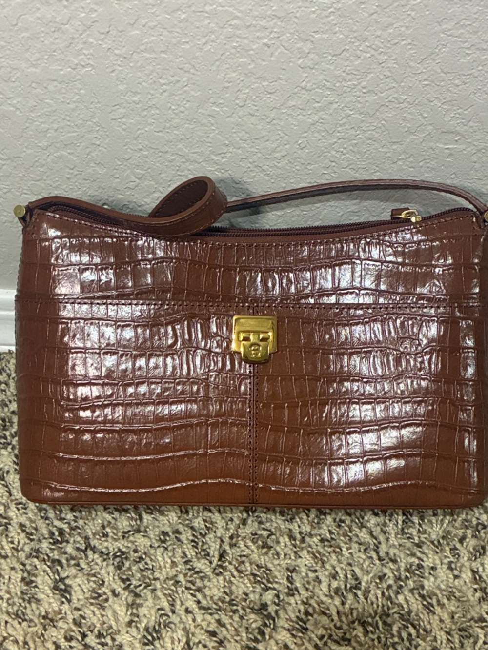 Etienne Aigner Brown Croc-Embossed Leather Shoulder Bag